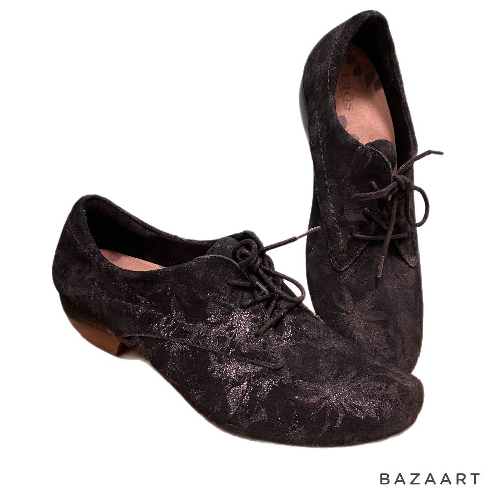 Taos Cobbler black suede floral brocade print oxfords sz 8